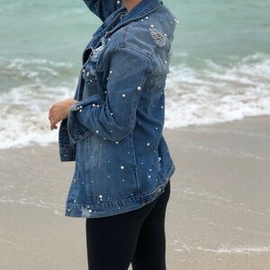 Zara Blue Denim Jacket with Pearl Accents